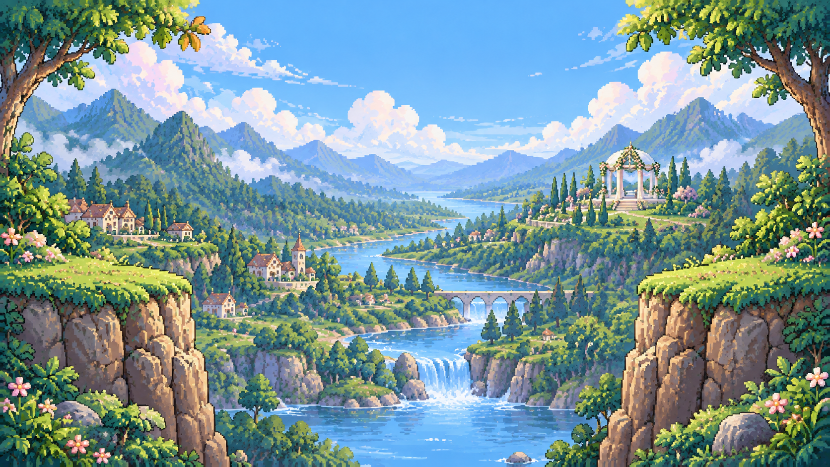 Lembah taman pernikahan bergaya pixel dengan sungai dan paviliun