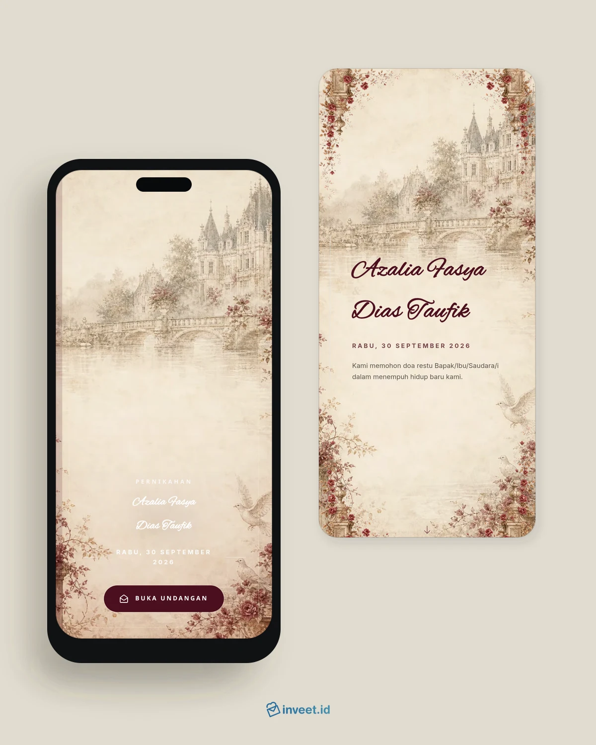 Preview tema undangan Maroon Blanc